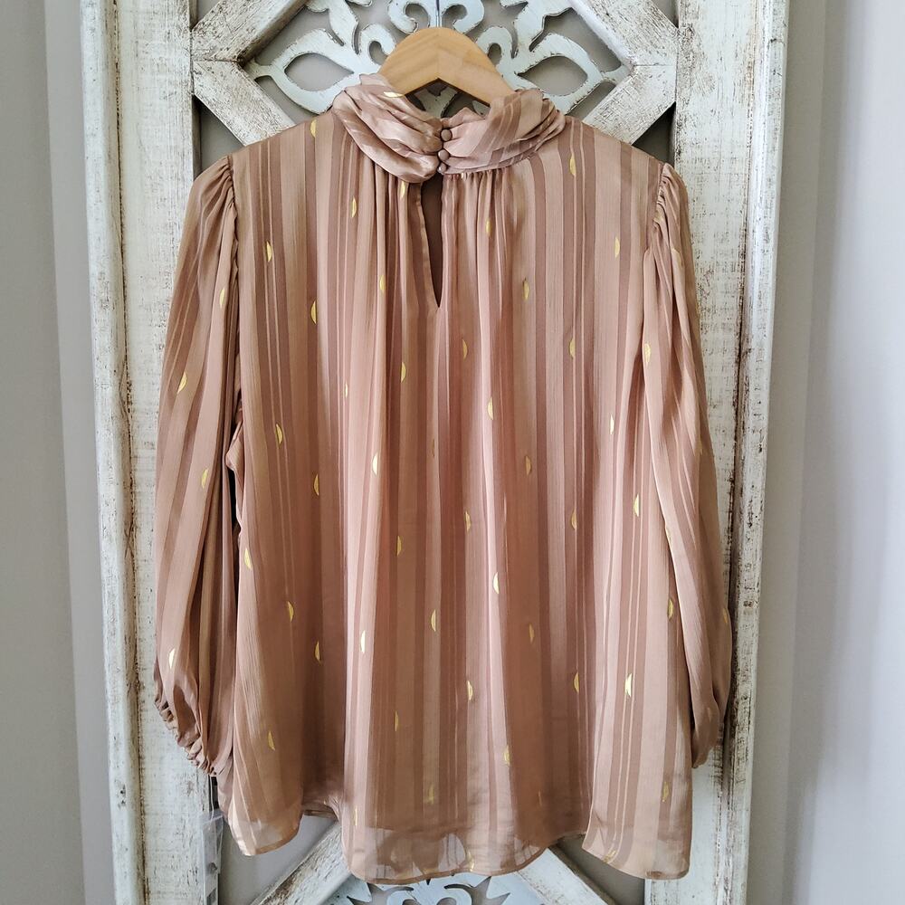 Zac & Rachel 3/4 Sleeve Mock High Neck Chiffon Blouse Gold Foil Shadow Stripe - Picture 9 of 10